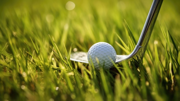 Club de golf et balle de golf sur l'herbe verte au coucher du soleil Golfeur génératif Ai