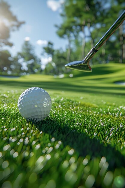 Un club de golf entre en contact avec une balle envoyant des particules de poussière dans l'air à la lumière dorée du matin.