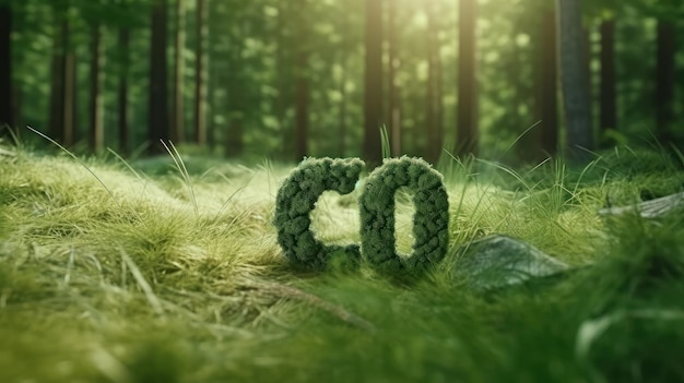 Co symbole sur l'herbe verte dans une forêt réduire l'empreinte carbone pour limiter le réchauffement climatique et le climat cha