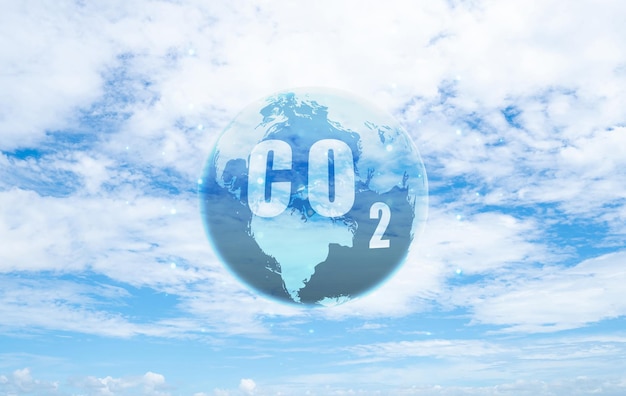 CO2 dans la carte du globe sur le ciel bleu Gaz à effet de serre Gaz de dioxyde de carbone Pollution climatique de l'air mondial