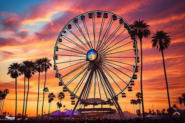 Coachella au coucher du soleil avec des palmiers et la grande roue en arrière-plan