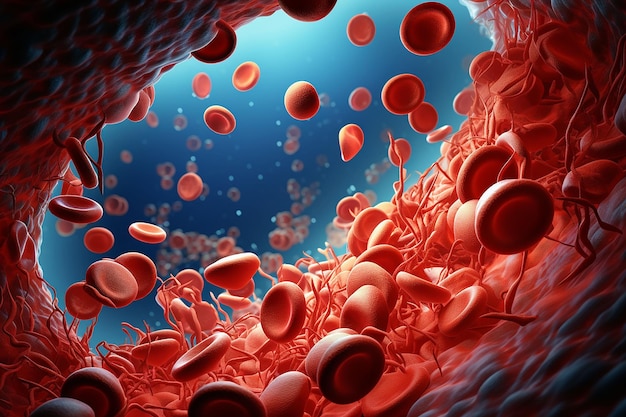 Coagul de sang dans le sang humain Illustration 3D montrant des globules rouges dans l'artère