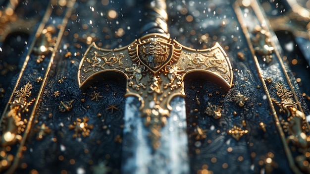 Photo coat d'armes héraldique décoratif avec des épées runiques et un bouclier doré en 3d