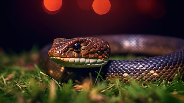 Cobra roi sur l'herbe Beau serpent avec des yeux orange haut contraste