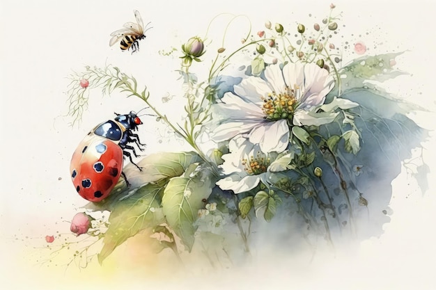 Une coccinelle et une abeille sont sur une fleur