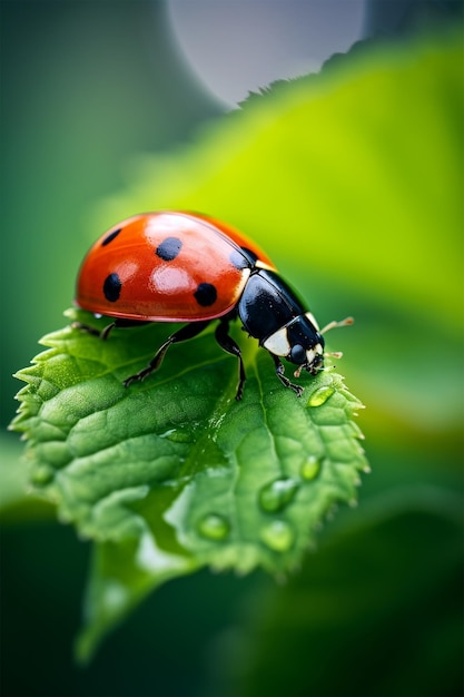 Coccinelle assise sur une feuille verte générée par l'IA