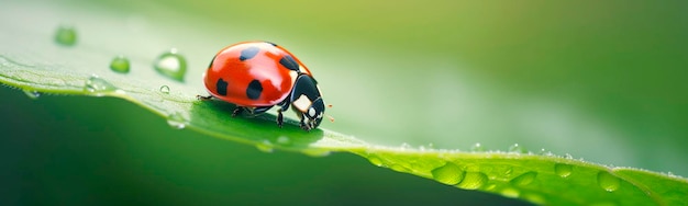 Coccinelle sur un beau fond vert avec des plantes et des gouttes d'eau Generative AI