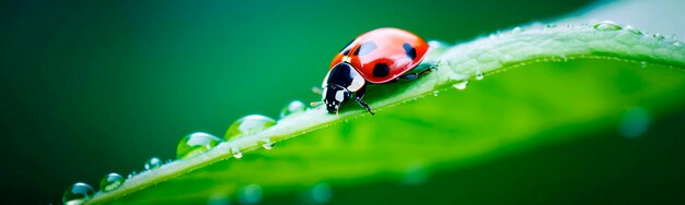 Coccinelle sur un beau fond vert avec des plantes et des gouttes d'eau Generative AI