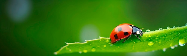 Coccinelle sur un beau fond vert avec des plantes et des gouttes d'eau Generative AI