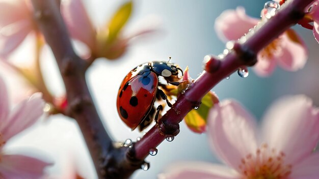 La coccinelle sur une branche d'un arbre en fleur au printemps