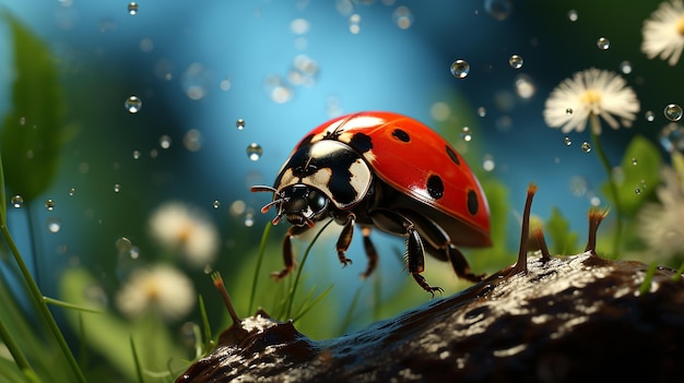 coccinelle sur une branche avec des gouttes d'eau