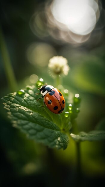 Une coccinelle est assise sur une feuille dans l'herbe.