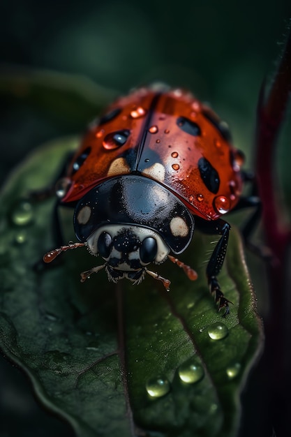 Une coccinelle est assise sur une feuille avec des gouttes de pluie dessus.