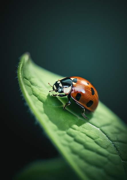 Une coccinelle est assise sur une feuille verte.