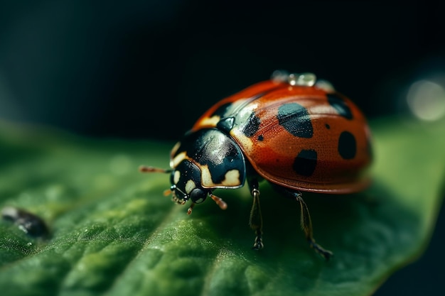 Une coccinelle est assise sur une feuille verte.