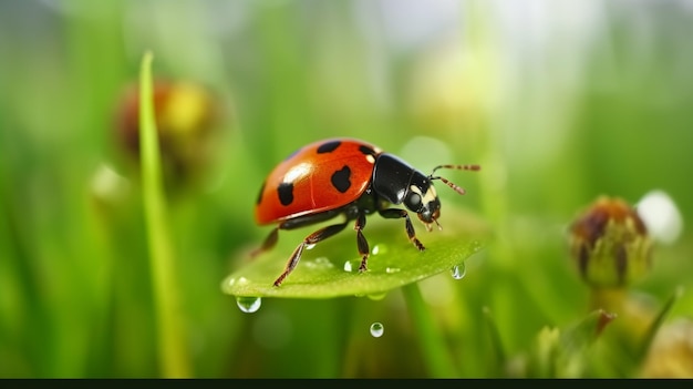 Une coccinelle sur une feuille dans l'herbe