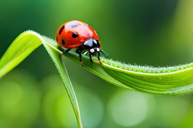 Une coccinelle sur une feuille avec un fond vert