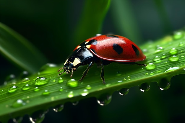 Une coccinelle sur une feuille avec des gouttelettes d'eau dessus