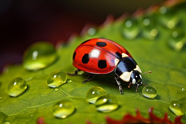 Coccinelle sur une feuille mouillée