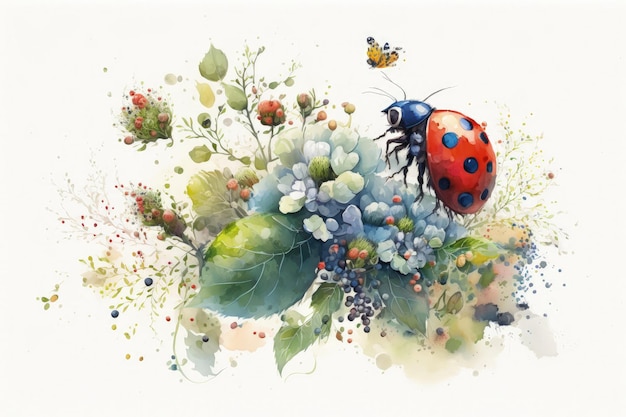 Une coccinelle et une fleur bleue