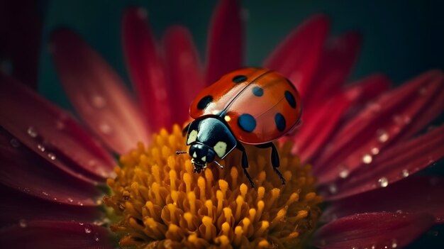 Une coccinelle sur une fleur avec un fond sombre