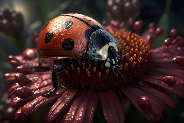 Une coccinelle sur une fleur avec un fond vert