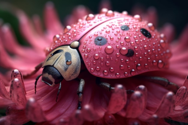 Une coccinelle avec des gouttelettes d'eau sur son visage