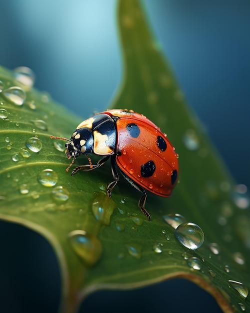 La coccinelle avec des gouttes d'eau sur la feuille