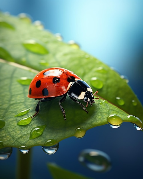 La coccinelle avec des gouttes d'eau sur la feuille