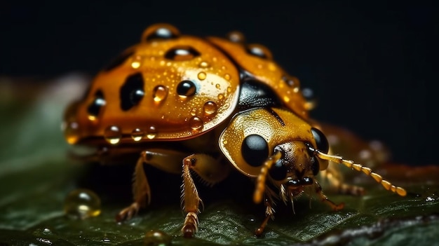 Une coccinelle avec des gouttes d'eau sur ses ailes