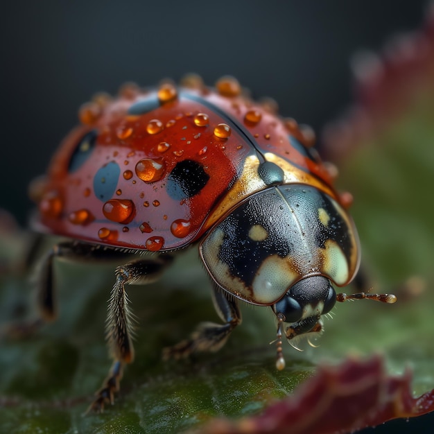 Une coccinelle avec des gouttes d'eau sur son visage est couverte de gouttelettes d'eau.