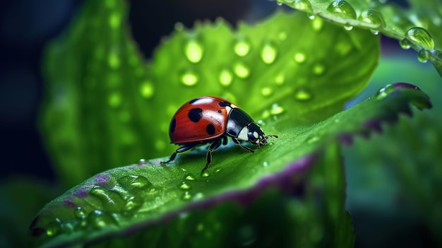 La coccinelle rouge avec les ailes ouvertes sur la feuille verte Belle coccinelle