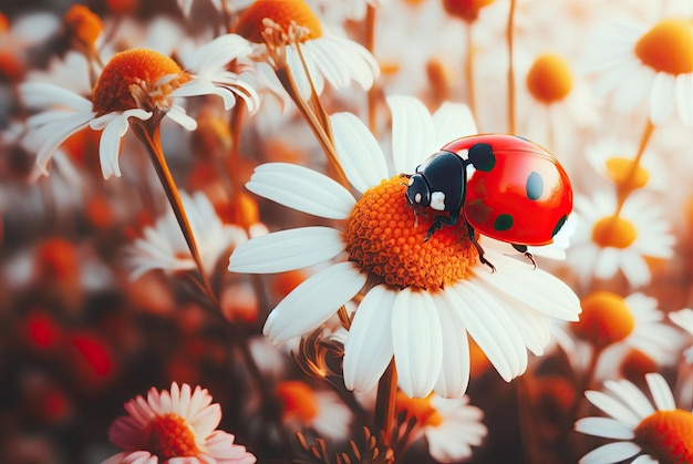 La coccinelle rouge sur la fleur de camomille La coccinelle se glisse sur la tige de la plante au printemps