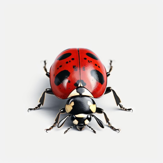 Une coccinelle rouge et noire est sur un fond blanc.