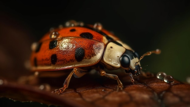 Une coccinelle rouge et noire avec des taches noires sur ses ailes est assise sur une feuille.