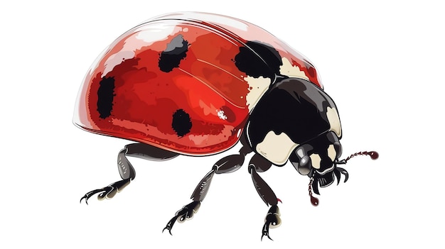 Une coccinelle rouge avec des taches noires est assise sur un fond blanc La coccinelle a ses ailes fermées et est face au spectateur