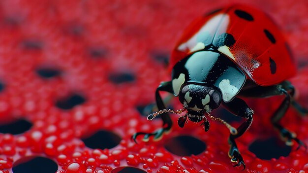 Photo une coccinelle rouge avec des taches noires est assise sur un fond rouge la coccinelle est en focus et le fond est flou