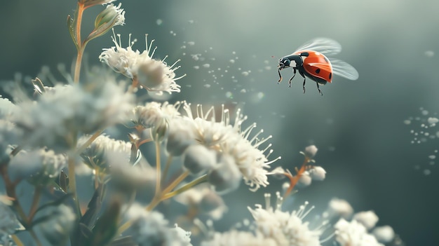 Une coccinelle s'envole d'une fleur La coccinelle est rouge avec des taches noires et ses ailes sont épanouies La fleur est blanche et a un centre jaune