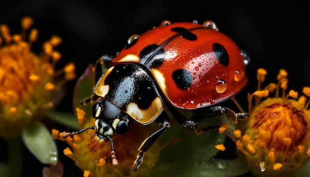 La coccinelle tachetée rampe sur la beauté des feuilles vertes dans la nature amplifiée générée par l'intelligence artificielle