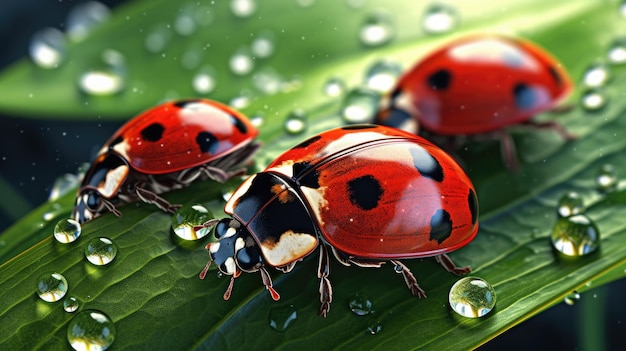 Coccinelles sur une feuille avec des gouttelettes d'eau