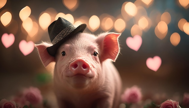 cochon amoureux romantique avec des roses le jour de la saint-valentin, illustration numérique