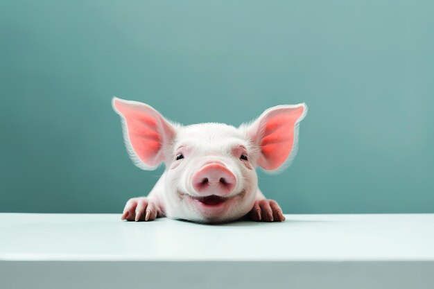 Un cochon au nez rose regarde par-dessus une table.