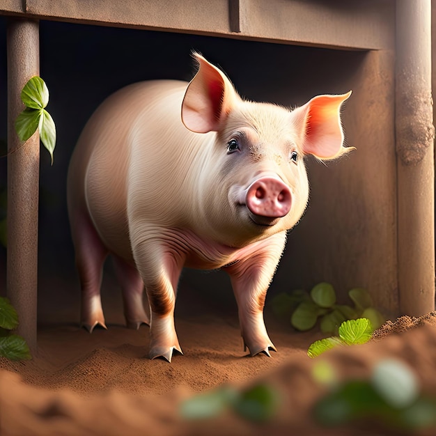 Cochon en bonne santé avec museau boueux dans une porcherie de ferme biologique en gros plan