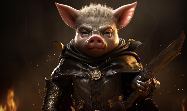 Photo un cochon avec une cape et une armure sur la tête