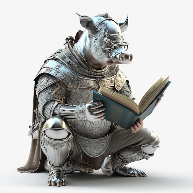 Un cochon avec un casque et une cape lisant un livre.