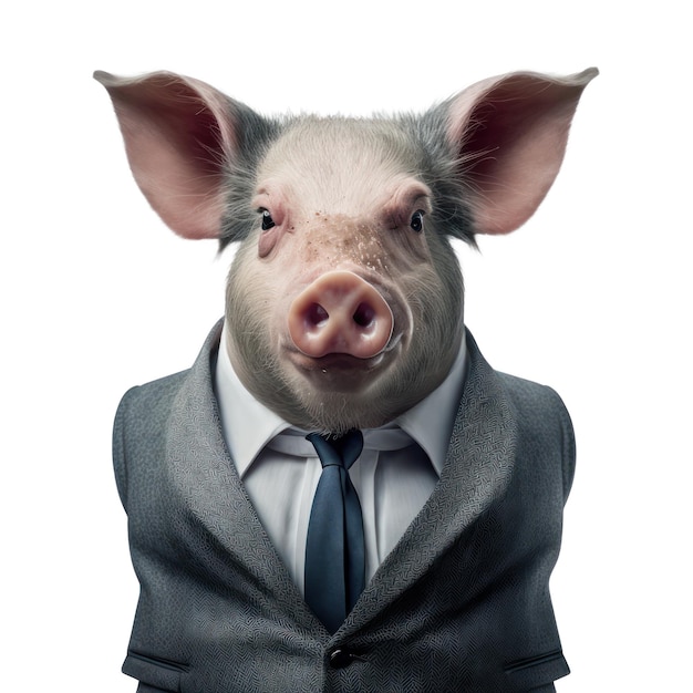 Un cochon avec une chemise et une cravate porte un costume et une chemise qui dit "je suis un cochon"