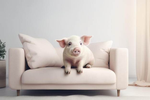 Photo un cochon de compagnie assis sur un canapé au fond blanc