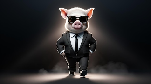 Photo un cochon en costume et des lunettes de soleil qui marche dans le noir.