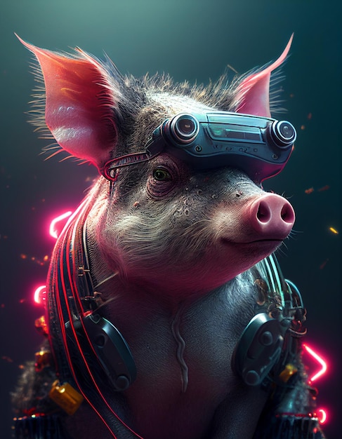 Cochon cyberpunk avec accessoires en acier