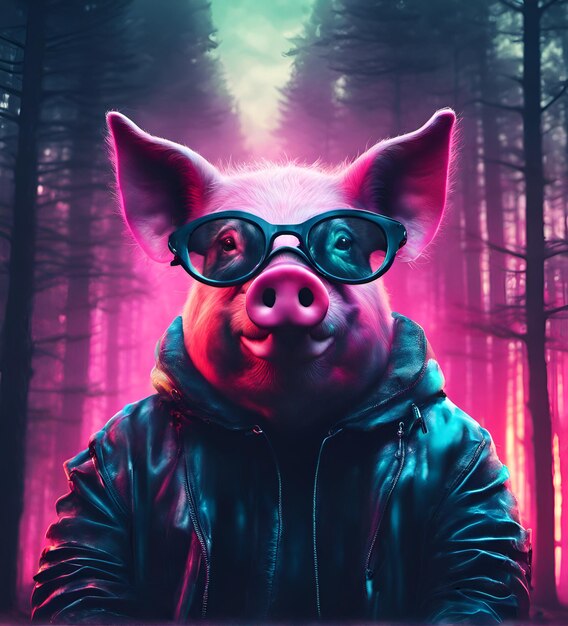 Un cochon cyberpunk dans un éclairage au néon illustration photoréaliste futuriste